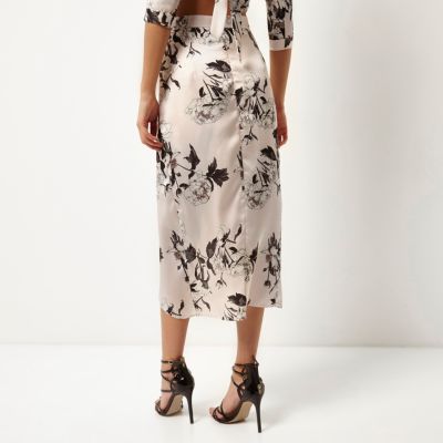 Pink floral wrap front midi skirt